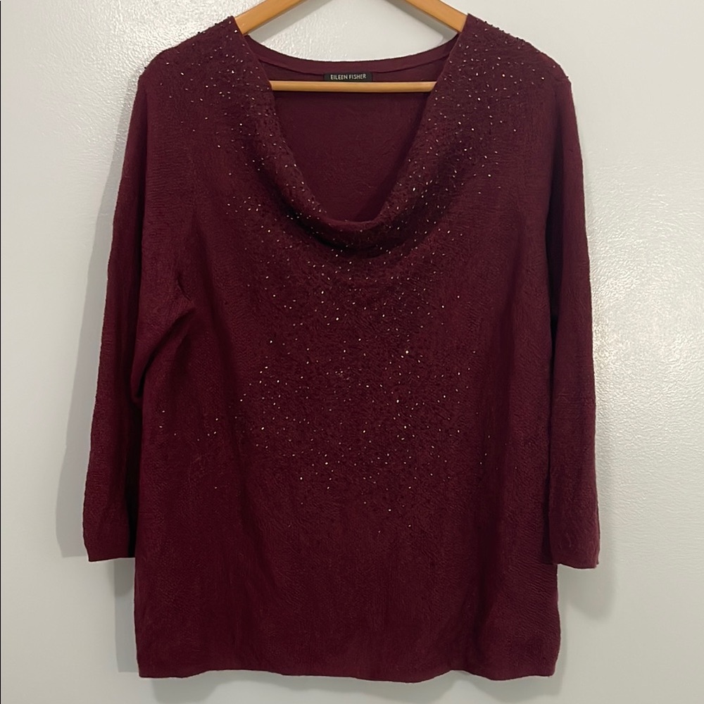 Eileen Fisher Burgundy Red Merino Wool Cowl Neck Glass Beads Sweater M